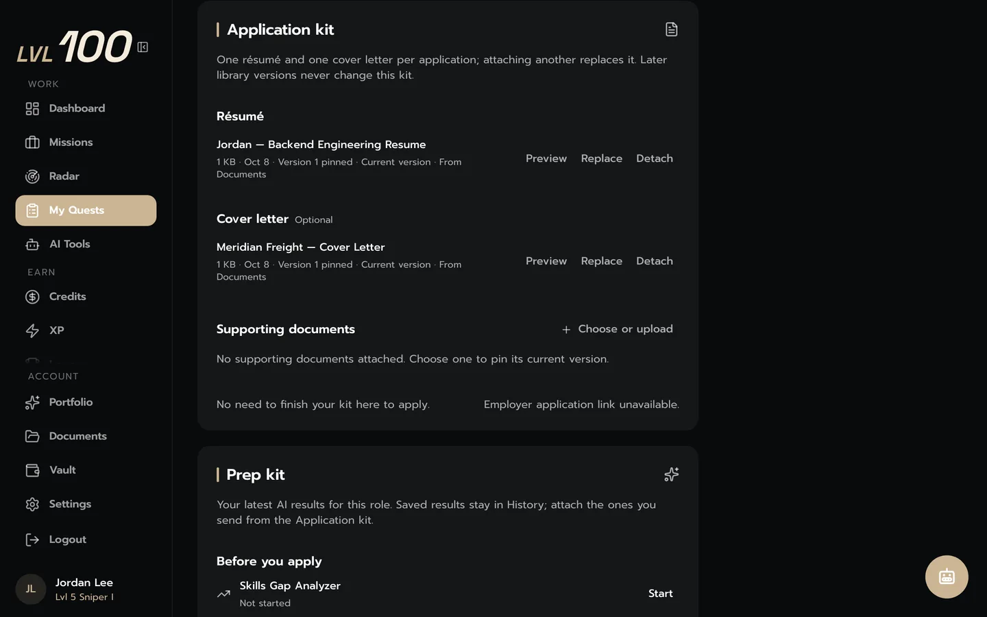 A Quest’s Application kit with a résumé and a cover letter attached.
