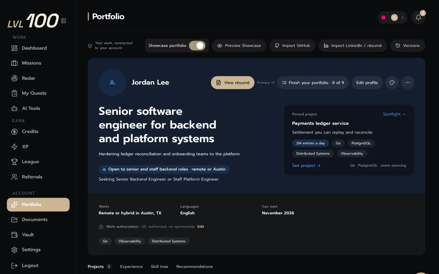 A portfolio with Showcase turned on: the name, the headline, the roles they’re open to and a pinned project.